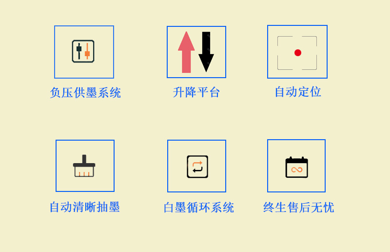 9060uv萬能打印機采用的是負壓供墨系統(tǒng)，超強吸附平臺，噴頭加熱恒溫，自動清晰抽墨系統(tǒng)，白墨循環(huán)系統(tǒng)，以及終生售后無憂